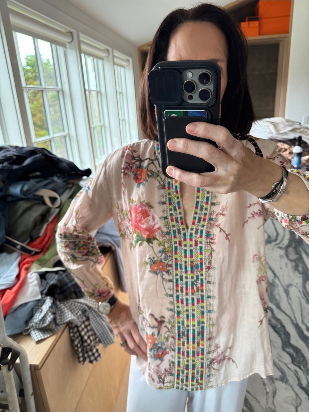 Johnny Was Pink Floral Embroidered Blouse